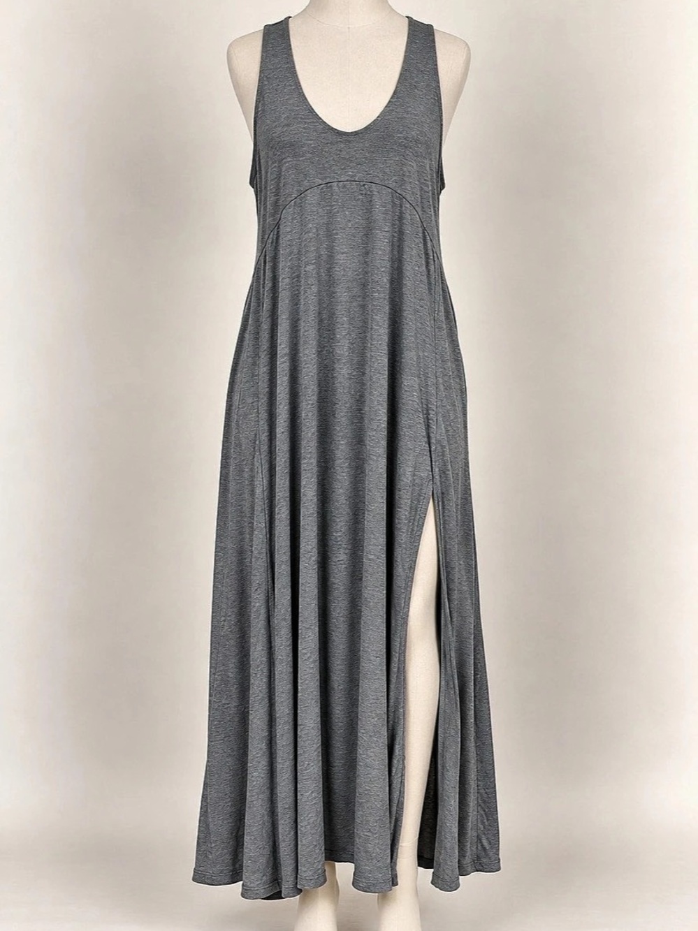 Halara XL Gray U Neck Flowy Maxi Tank Dress High Side Slit Sleeveless